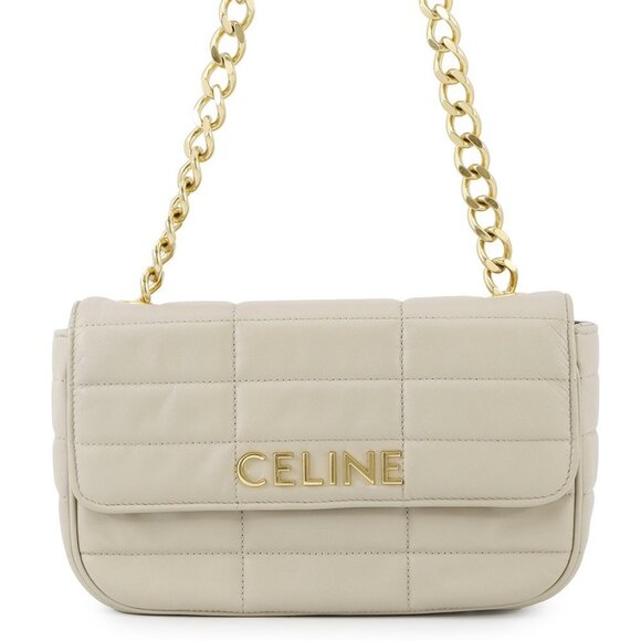 CELINE Matelasse Mono Chrome Chainshoulder Bag Leather Greige 111273 - Picture 1 of 15